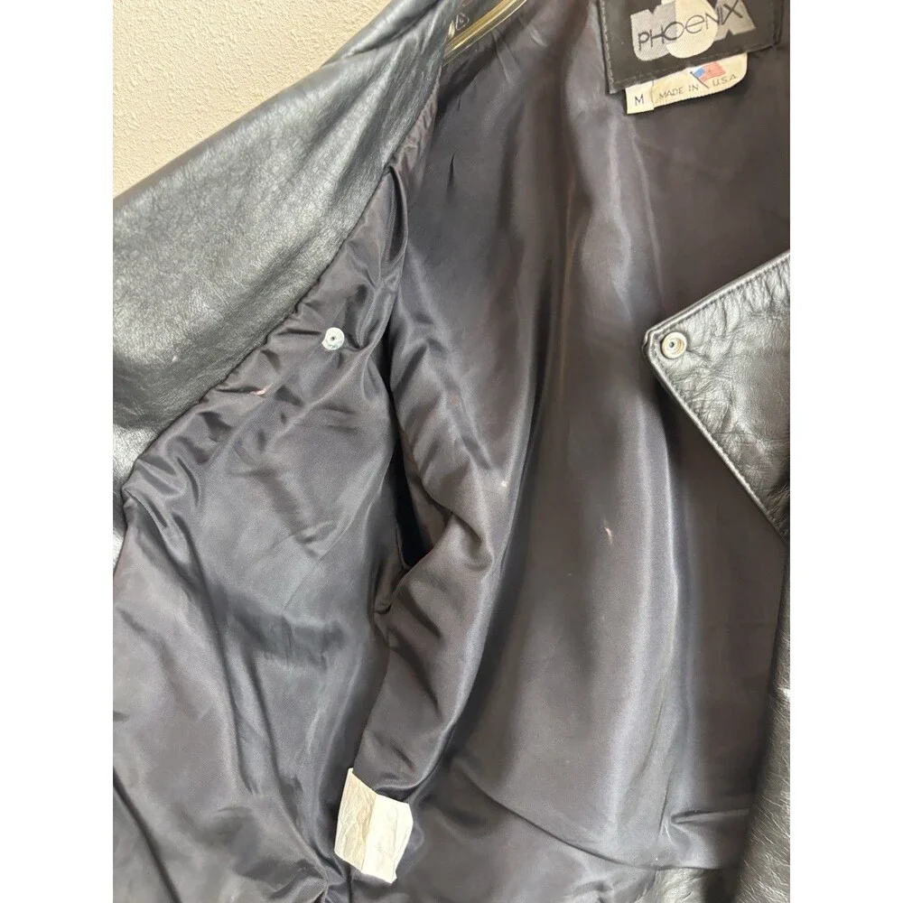 VTG Phoenix USA Leather Motorcycle Jacket Black Cropped Belted Moto 90s‎ M